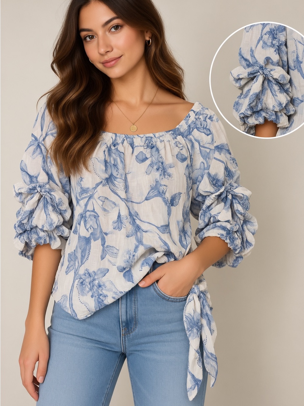 100% Linen Blue and White Floral Peasant Top with Tie Waist